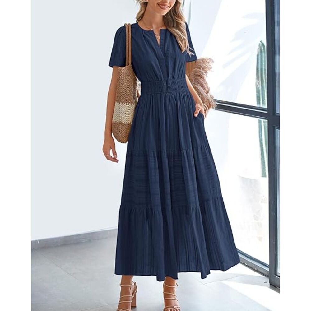 Women's Navy V Neck Short Sleeve A Line Summer Casual Maxi Dresses Pockets - Picture 6 of 6
